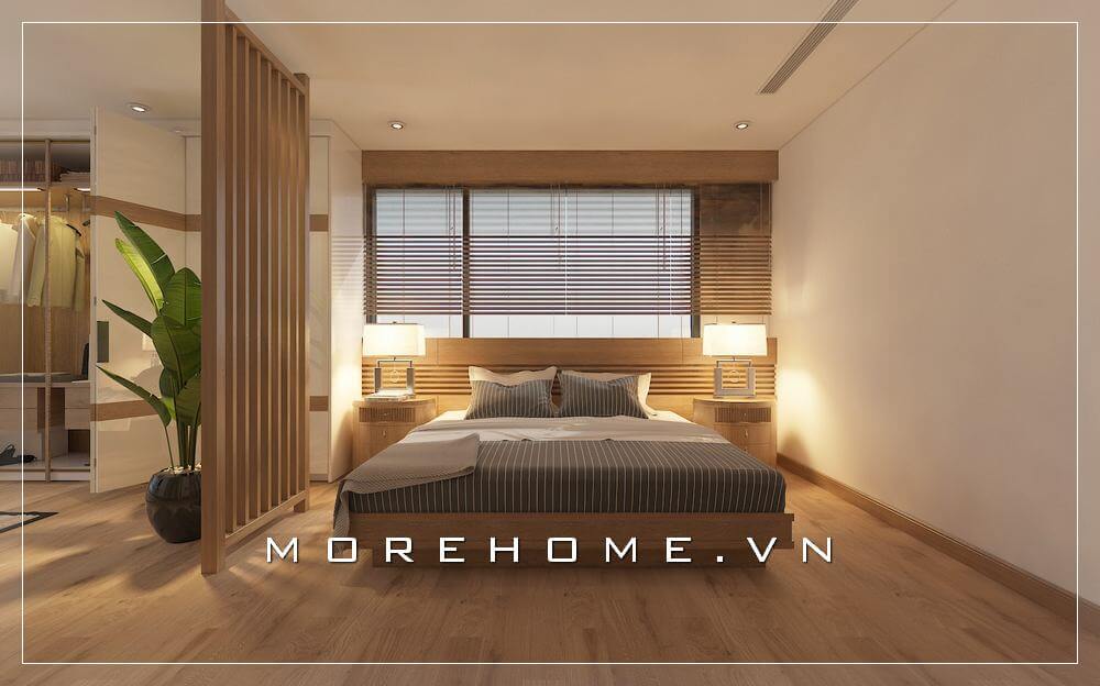 Giường ngủ gỗ hiện đại kết hợp gam màu vàng trầm ấm tạo nên giấc ngủ thoải mái, yên bình hơn